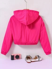 SHEIN Tween Girls Red Long Sleeve Flap Pocket Drop Shoulder Hooded Zip Up Jacket, Fall, Casual, Solid, Back To School, For Girls, Outfit - Hot Pink - View 3