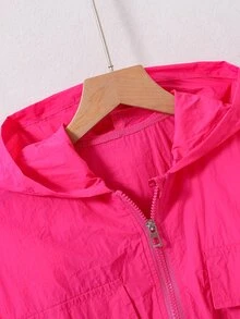 SHEIN Tween Girls Red Long Sleeve Flap Pocket Drop Shoulder Hooded Zip Up Jacket, Fall, Casual, Solid, Back To School, For Girls, Outfit - Hot Pink - View 8