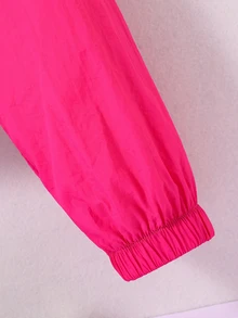 SHEIN Tween Girls Red Long Sleeve Flap Pocket Drop Shoulder Hooded Zip Up Jacket, Fall, Casual, Solid, Back To School, For Girls, Outfit - Hot Pink - View 5