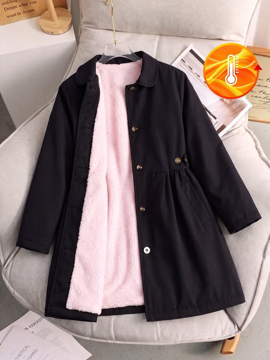 SHEIN Tween Girls Coat Black Zip Up Long Sleeve Casual Western Preppy Fashion Woven Windbreaker Jacket With Polar Fleece Lining Unique Waist Belt School...