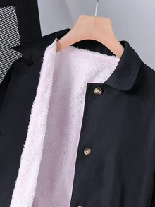 SHEIN Tween Girls Coat Black Zip Up Long Sleeve Casual Western Preppy Fashion Woven Windbreaker Jacket With Polar Fleece Lining Unique Waist Belt School... - Black - View 8