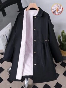 SHEIN Tween Girls Coat Black Zip Up Long Sleeve Casual Western Preppy Fashion Woven Windbreaker Jacket With Polar Fleece Lining Unique Waist Belt School... - Black - View 4