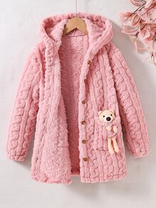 SHEIN Tween Girl Long Sleeve Fleece Fall 1pc Bear Decor Hooded Teddy Coat Autumn Fall, Holiday - Pink - View 5