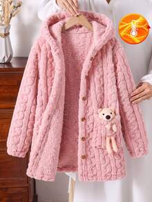 SHEIN Tween Girl Long Sleeve Fleece Fall 1pc Bear Decor Hooded Teddy Coat Autumn Fall, Holiday - Pink - View 2