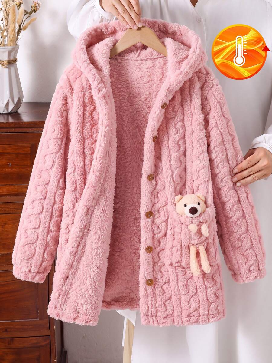 SHEIN Tween Girl Long Sleeve Fleece Fall 1pc Bear Decor Hooded Teddy Coat Autumn Fall, Holiday