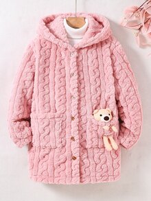 SHEIN Tween Girl Long Sleeve Fleece Fall 1pc Bear Decor Hooded Teddy Coat Autumn Fall, Holiday - Pink - View 4