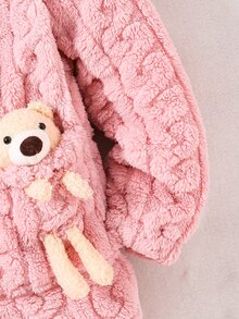 SHEIN Tween Girl Long Sleeve Fleece Fall 1pc Bear Decor Hooded Teddy Coat Autumn Fall, Holiday - Pink - View 8