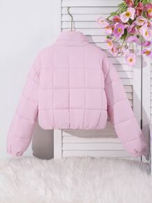 SHEIN Tween Girl Clothes Pink Puffer Jacket Girls Winter Coat Girls Coats Stand Collar Fleece Lined Zip Up - Pink - View 3
