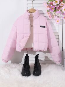 SHEIN Tween Girl Clothes Pink Puffer Jacket Girls Winter Coat Girls Coats Stand Collar Fleece Lined Zip Up - Pink - View 2