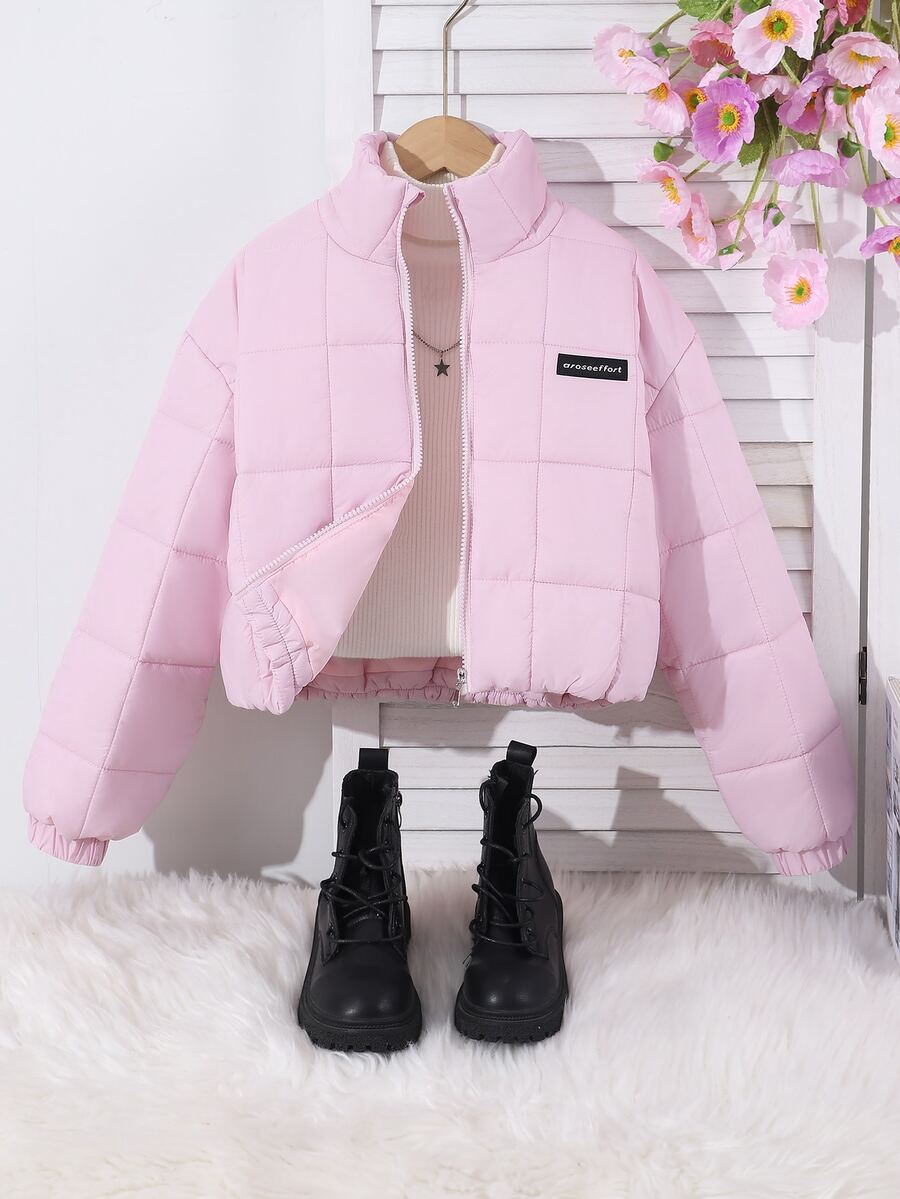 SHEIN Tween Girl Clothes Pink Puffer Jacket Girls Winter Coat Girls Coats Stand Collar Fleece Lined Zip Up