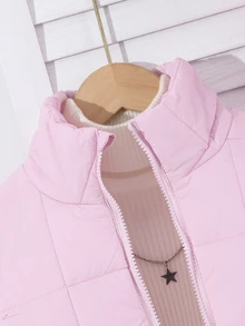 SHEIN Tween Girl Clothes Pink Puffer Jacket Girls Winter Coat Girls Coats Stand Collar Fleece Lined Zip Up - Pink - View 9