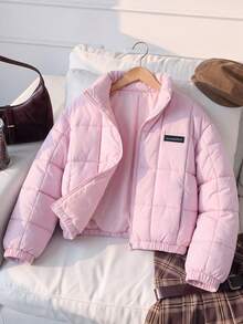 SHEIN Tween Girl Clothes Pink Puffer Jacket Girls Winter Coat Girls Coats Stand Collar Fleece Lined Zip Up - Pink - View 4