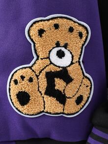 SHEIN Teen Girls Fall Clothes Letter Cartoon Bear Pattern Long Sleeve Casual Streetwear Baseball Jacket, Autumn, Teen Girl Varsity Jacket - Purple - View 7