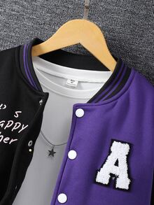SHEIN Teen Girls Fall Clothes Letter Cartoon Bear Pattern Long Sleeve Casual Streetwear Baseball Jacket, Autumn, Teen Girl Varsity Jacket - Purple - View 6