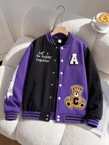 SHEIN Teen Girls Fall Clothes Letter Cartoon Bear Pattern Long Sleeve Casual Streetwear Baseball Jacket, Autumn, Teen Girl Varsity Jacket - Purple - View 1
