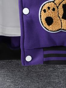 SHEIN Teen Girls Fall Clothes Letter Cartoon Bear Pattern Long Sleeve Casual Streetwear Baseball Jacket, Autumn, Teen Girl Varsity Jacket - Purple - View 4