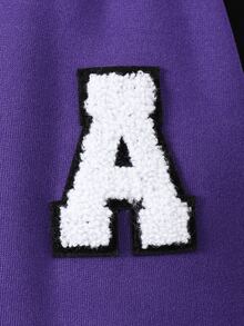 SHEIN Teen Girls Fall Clothes Letter Cartoon Bear Pattern Long Sleeve Casual Streetwear Baseball Jacket, Autumn, Teen Girl Varsity Jacket - Purple - View 5