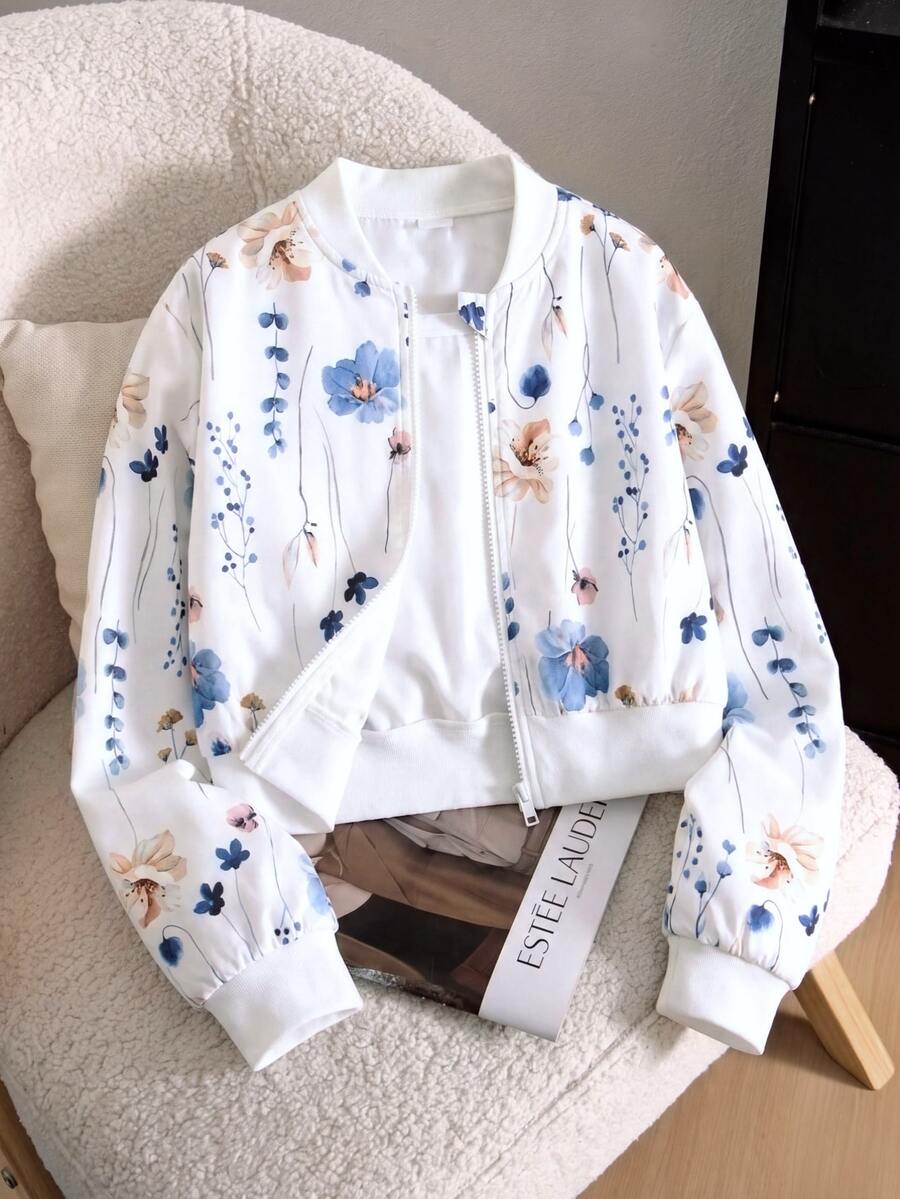 SHEIN Tween Girls Fall Clothes White Long Sleeve Floral Short Country Style Baseball Zip Up Jacket, Autumn Lightweight, Cute Cool Girl School College - White - View 1