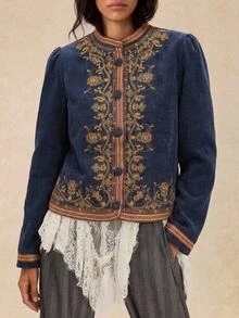 Easelle Chaqueta regular con cuello alto holgada, estilo palacio bordado nómada vintage para mujeres - Azul - Ver 1