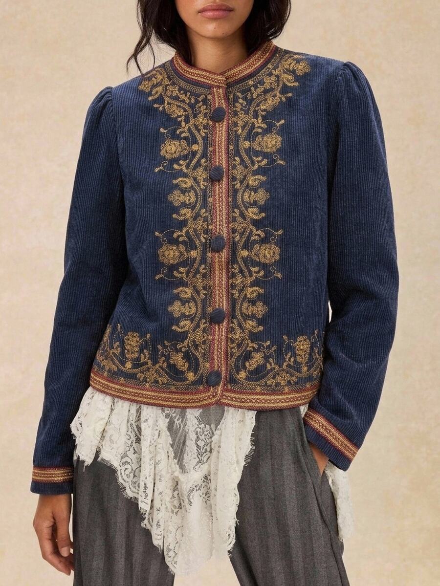 Easelle Chaqueta regular con cuello alto holgada, estilo palacio bordado nómada vintage para mujeres - Azul - Ver 1