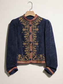 Easelle Chaqueta regular con cuello alto holgada, estilo palacio bordado nómada vintage para mujeres - Azul - Ver 2