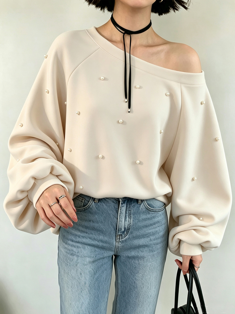FRIFUL Women's Early Autumn New Korean Style Beaded Decor Asymmetrical Shoulder Asymmetric Loose Sweatshirt - Beige - View 3