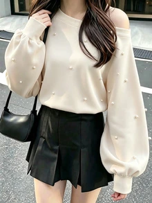 FRIFUL Women's Early Autumn New Korean Style Beaded Decor Asymmetrical Shoulder Asymmetric Loose Sweatshirt - Beige - View 5