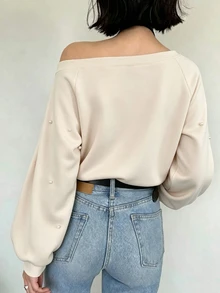 FRIFUL Women's Early Autumn New Korean Style Beaded Decor Asymmetrical Shoulder Asymmetric Loose Sweatshirt - Beige - View 2