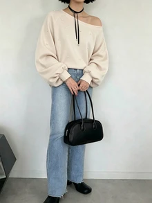 FRIFUL Women's Early Autumn New Korean Style Beaded Decor Asymmetrical Shoulder Asymmetric Loose Sweatshirt - Beige - View 4