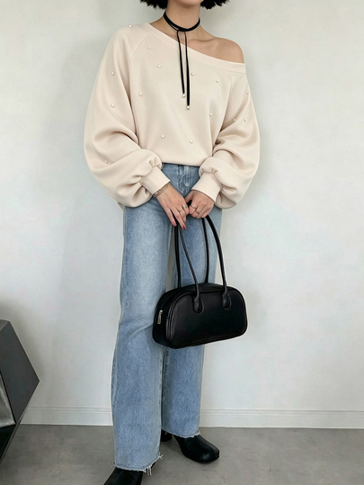 FRIFUL Sudadera con capucha holgada asimétrica para mujer, estilo coreano nuevo de principios de otoño, con decoración de cuentas y hombro asimétrico