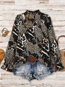 Linhara Blus Wanita Ukuran Besar Motif Polkadot Kasual Lengan Panjang Leher V - MultiWarna - View 2