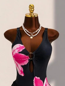 SHEIN Swim 女款印花隨機深V性感連身泳衣 2件組附網紗罩衫裙 海灘度假性感泳裝 - 黑色 - 查看 4