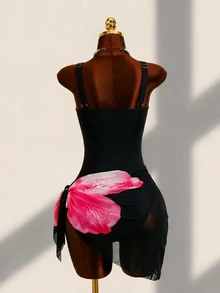 SHEIN Swim 女款印花隨機深V性感連身泳衣 2件組附網紗罩衫裙 海灘度假性感泳裝 - 黑色 - 查看 5
