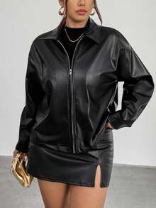Firerie Plus Size Women Black Long Sleeve PU Jacket,Autumn Clothes For Women / Rodeo Office Airport Normal Jacket For Women Fall/Winter - Black - View 5
