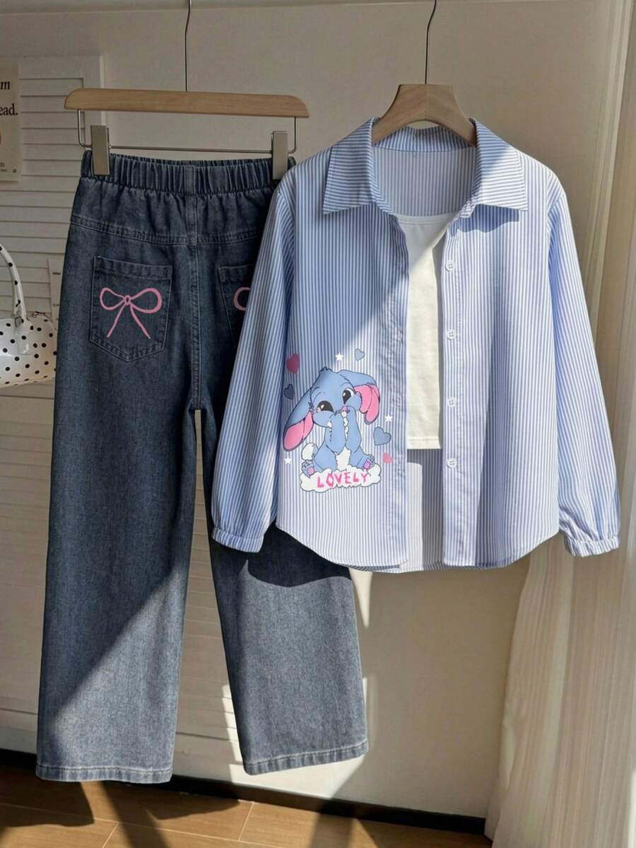 SHEIN Tween Girls Fall Outfits 2pcs/Set Big & Medium Tween Girl Girls Spring/Autumn Striped Long Sleeve Shirt , Paired With Loose Light Blue Jeans