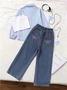 SHEIN Tween Girls Fall Outfits 2pcs/Set Big & Medium Tween Girl Girls Spring/Autumn Striped Long Sleeve Shirt , Paired With Loose Light Blue Jeans - Blue - View 3