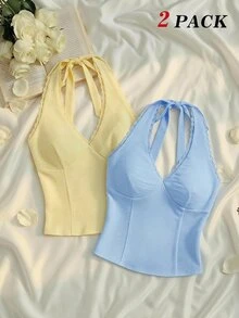 SHEIN MOD Women's Fashion Contrast Lace Halter Top 2pcs Set - Blue - View 2