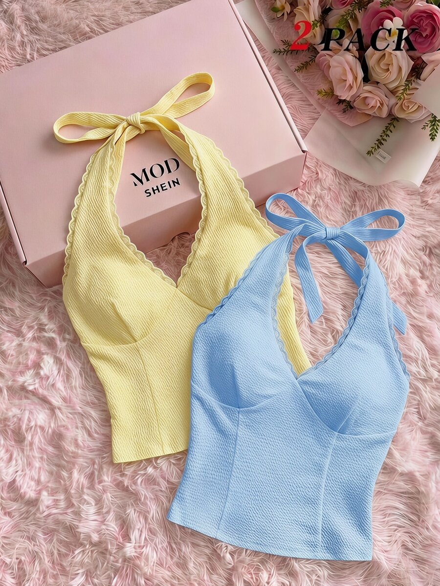 SHEIN MOD Women's Fashion Contrast Lace Halter Top 2pcs Set - Blue - View 1