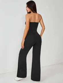 SHEIN PETITE Women's Solid Color Simple Daily Sexy Strapless Flared Jumpsuit,Petite Women Night Club Black Summer - Black - View 2