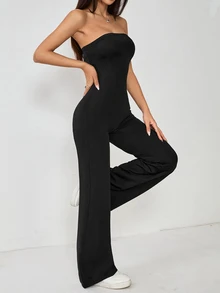 SHEIN PETITE Women's Solid Color Simple Daily Sexy Strapless Flared Jumpsuit,Petite Women Night Club Black Summer - Black - View 7