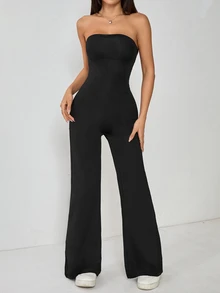SHEIN PETITE Women's Solid Color Simple Daily Sexy Strapless Flared Jumpsuit,Petite Women Night Club Black Summer - Black - View 8