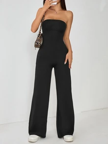 SHEIN PETITE Women's Solid Color Simple Daily Sexy Strapless Flared Jumpsuit,Petite Women Night Club Black Summer - Black - View 5