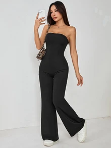 SHEIN PETITE Women's Solid Color Simple Daily Sexy Strapless Flared Jumpsuit,Petite Women Night Club Black Summer - Black - View 6