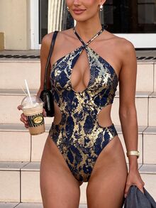 SHEIN Swim Festival Boho 女式新款蛇纹镂空交叉带性感连体泳衣 - 藏蓝色 - 查看 3