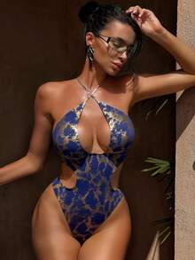 SHEIN Swim Festival Boho 女式新款蛇纹镂空交叉带性感连体泳衣 - 藏蓝色 - 查看 4