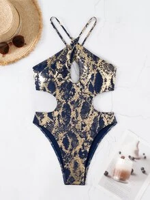 SHEIN Swim Festival Boho 女式新款蛇纹镂空交叉带性感连体泳衣 - 藏蓝色 - 查看 5