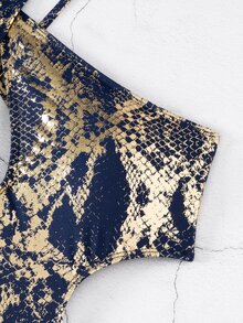 SHEIN Swim Festival Boho 女式新款蛇纹镂空交叉带性感连体泳衣 - 藏蓝色 - 查看 6