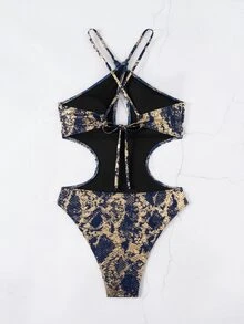 SHEIN Swim Festival Boho 女式新款蛇纹镂空交叉带性感连体泳衣 - 藏蓝色 - 查看 7