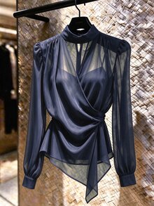 SHEIN Franclia Elegant Stand Collar Chiffon Tie-Front Blouse For Women, Suitable For Commuting And Dating - Navy Blue - View 4