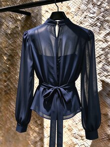 SHEIN Franclia Elegant Stand Collar Chiffon Tie-Front Blouse For Women, Suitable For Commuting And Dating - Navy Blue - View 2